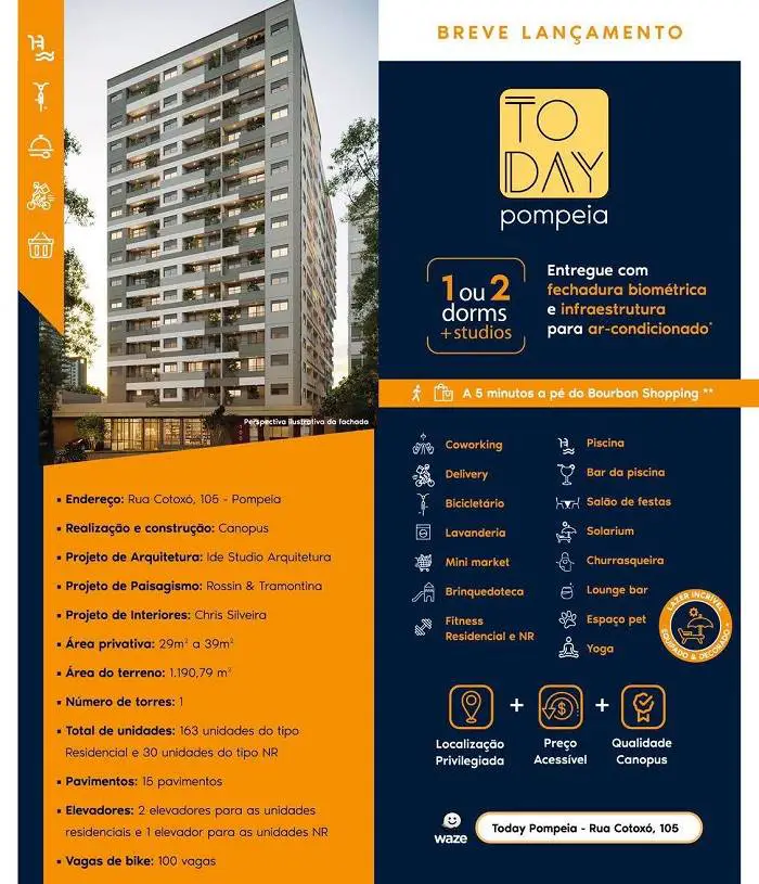 Today Pompéia Preço – Studio, Apartamento, Planta, Lançamento